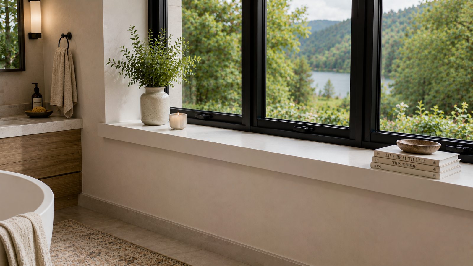 Cream coloured solid surface window sill in a bathroom, running past a freestanding tub beneath black-framed windows