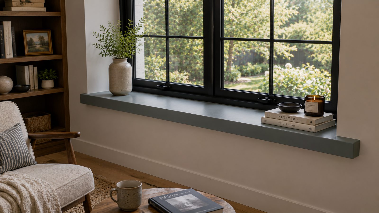 Deep green painted window sill with a returned end in a library nook, beneath black-framed garden windows