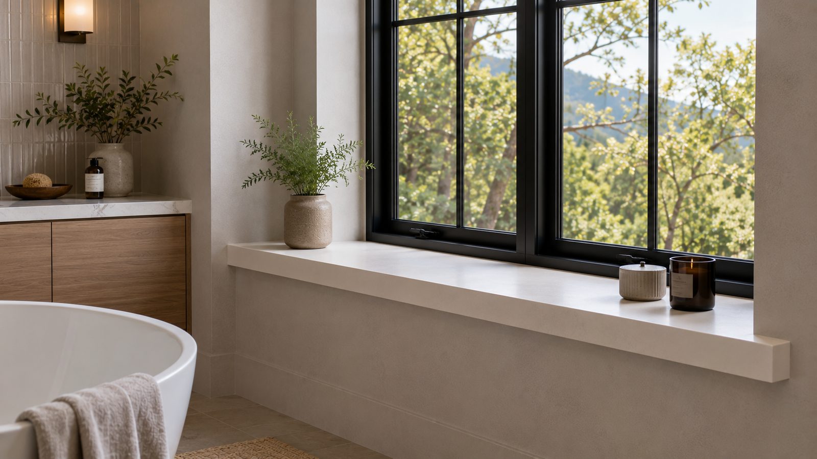 Limestone-white solid surface window sill with a returned end, set above a freestanding bathtub in a stone-tiled bathroom
