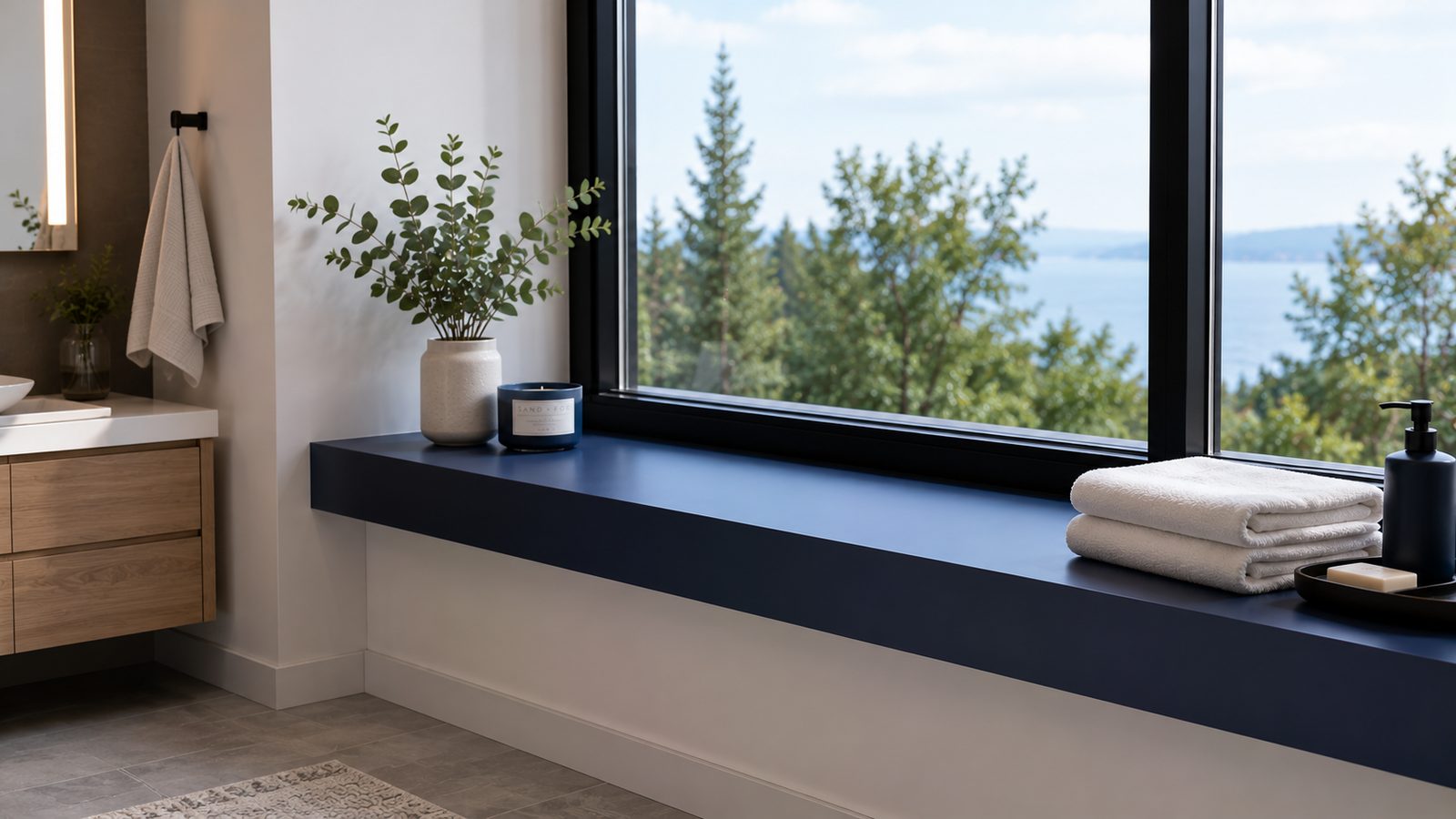 Deep navy painted window sill with a matte finish and square edge in a bathroom with a water view