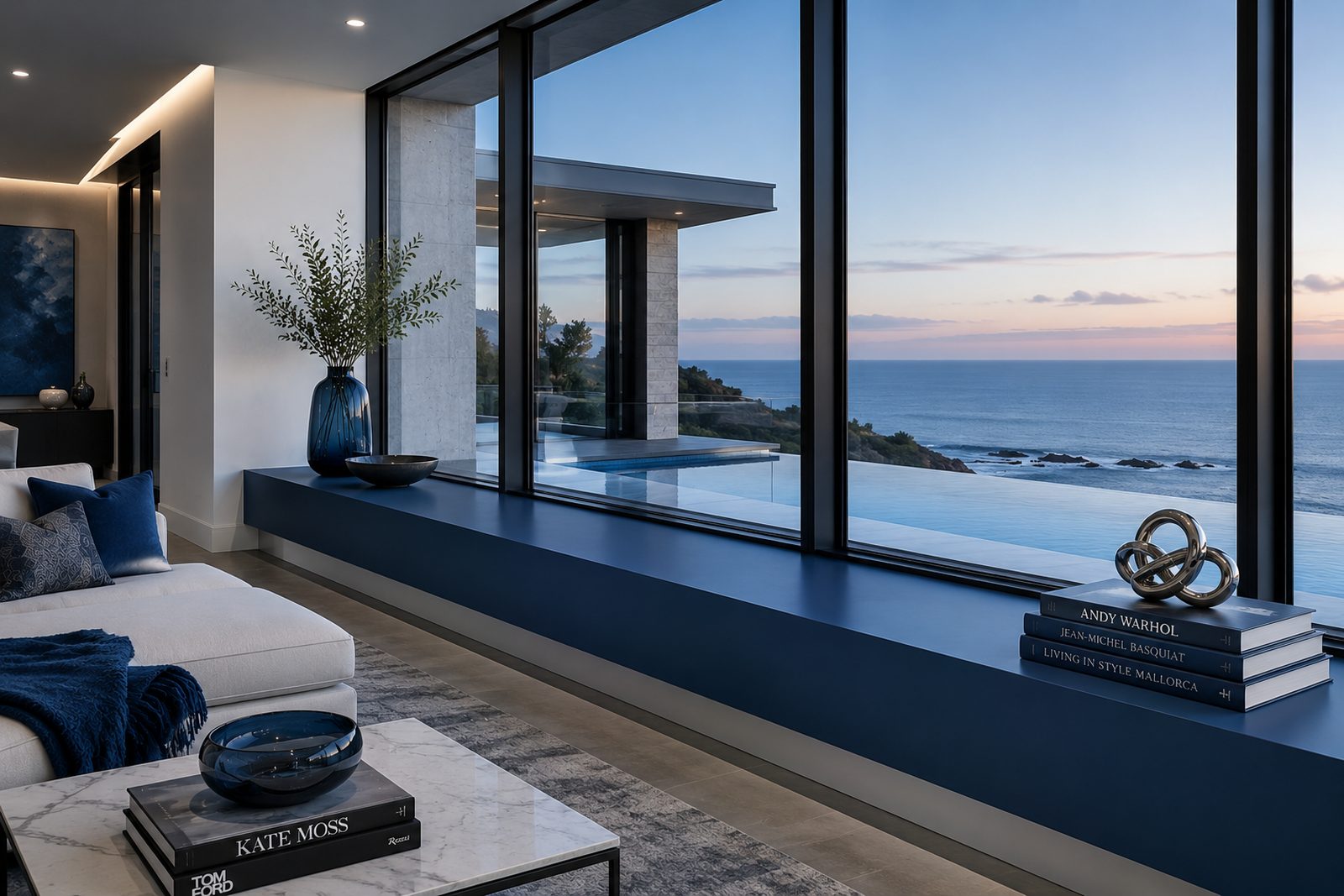 Long navy painted window sill running the length of an oceanfront living room window wall at dusk