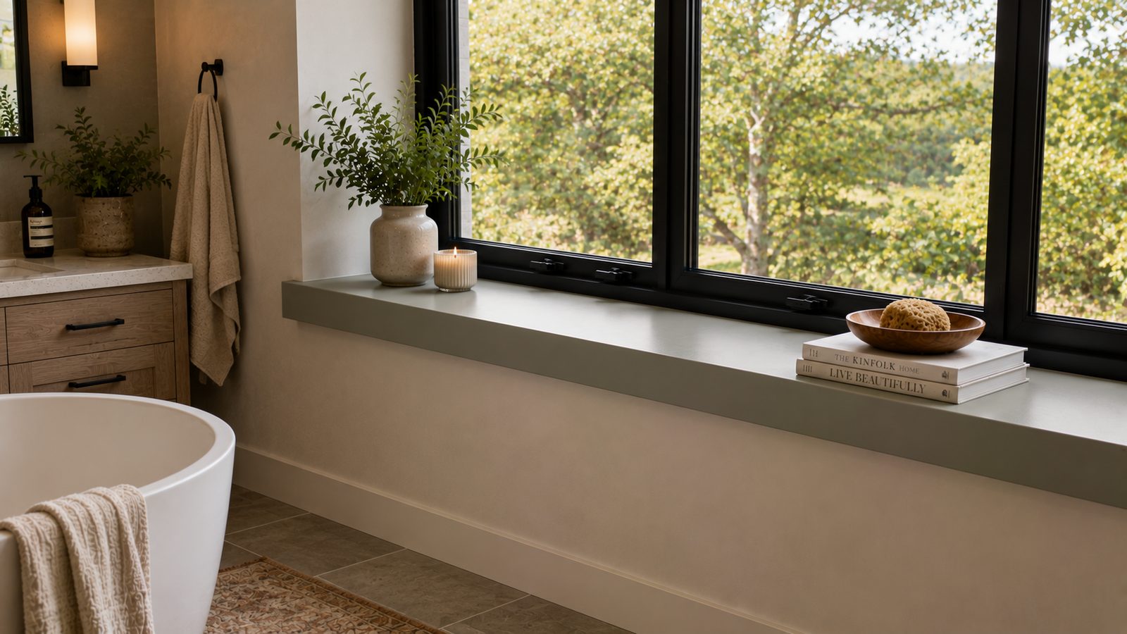 Muted sage green painted window sill in a bathroom with a freestanding tub and warm plaster walls