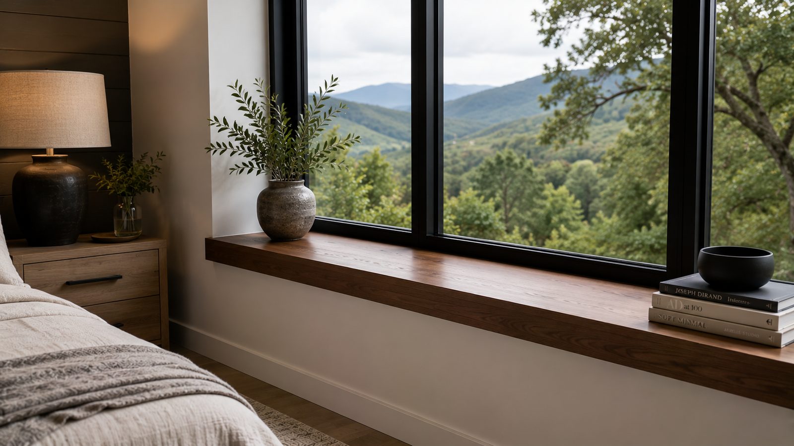Dark stained walnut window sill in a bedroom with a square edge, set beneath black-framed windows looking out to mountains