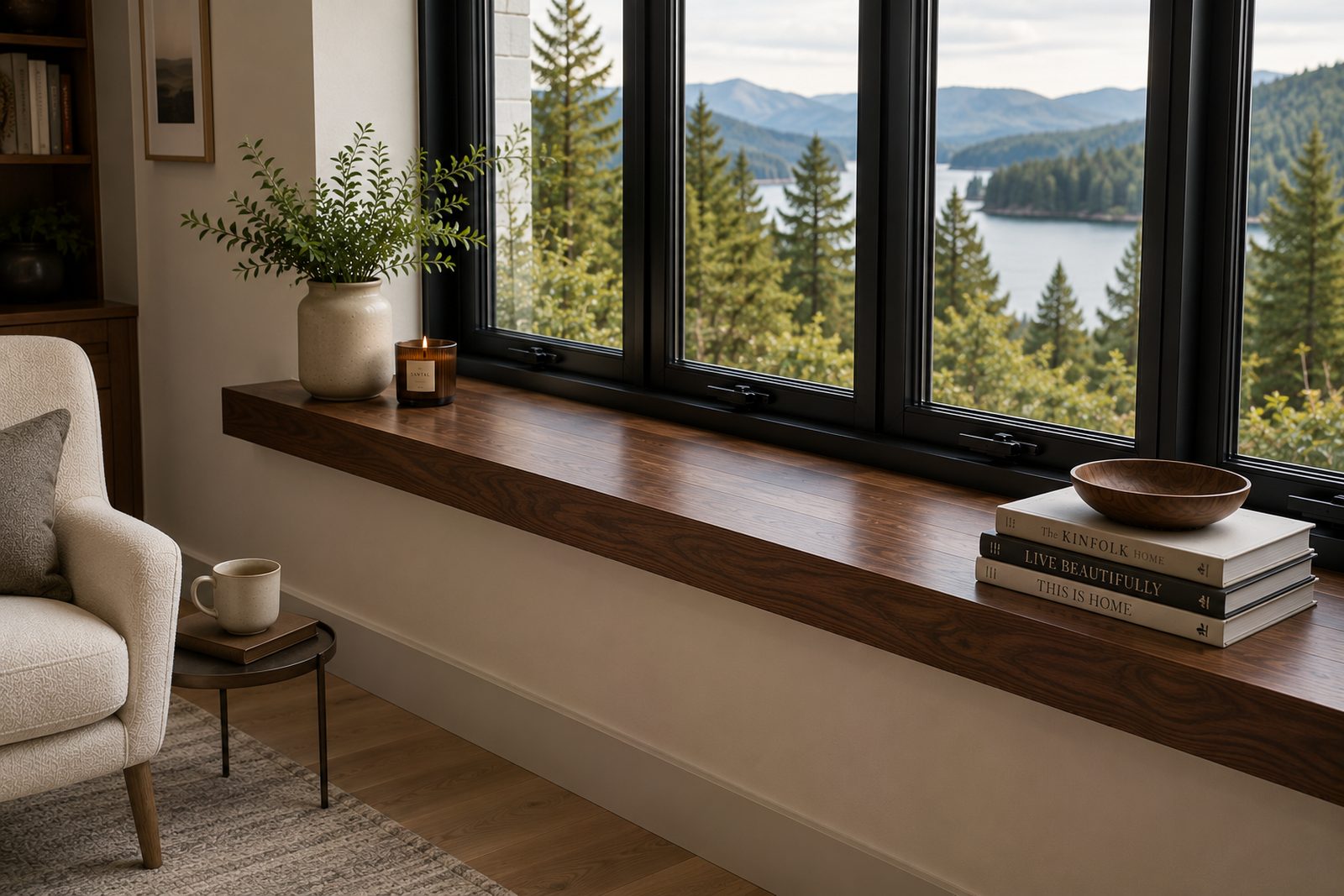 Polished walnut window sill in a reading nook with a bowl and books, beneath black casement windows overlooking a lake