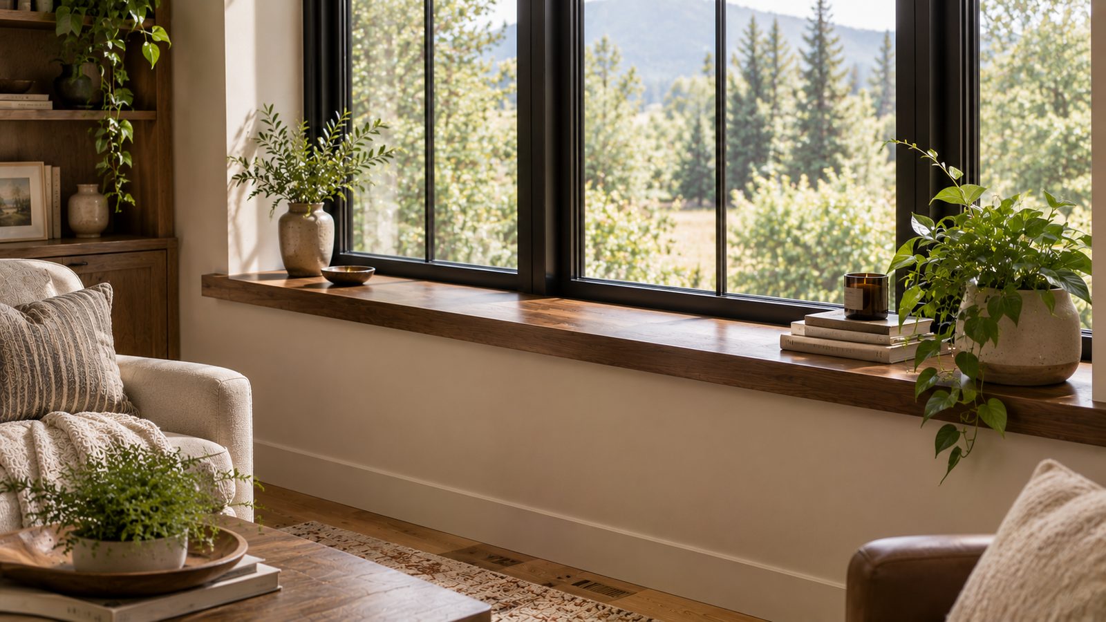 Long walnut window sill spanning a wide living room window wall, styled with potted plants and books