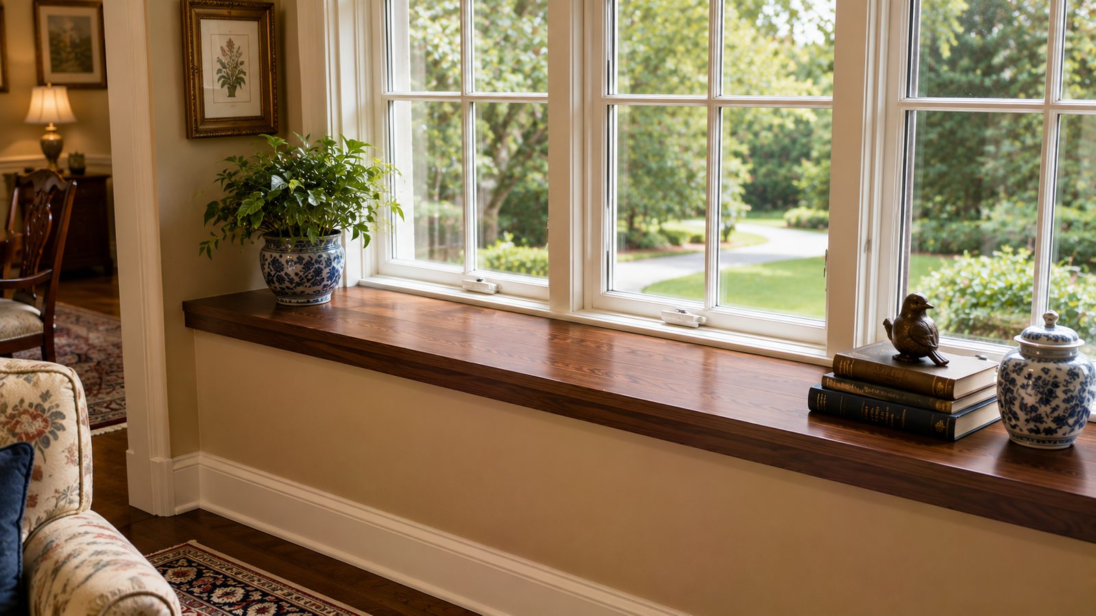 Rich walnut window stool in a traditional living room beneath white double-hung windows with colonial grilles