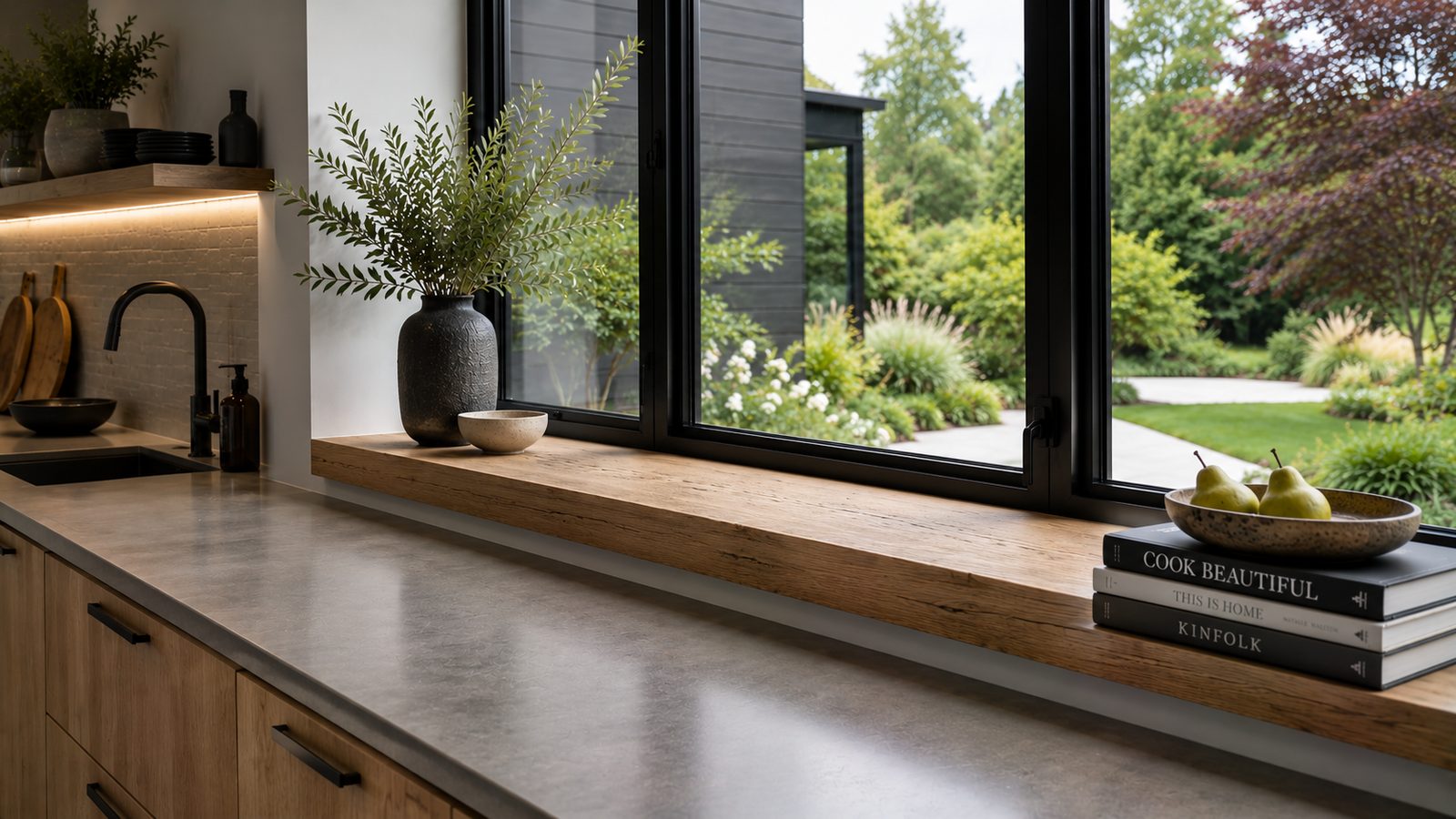 Wide white oak window sill with a thick square edge running the length of a black-framed kitchen window above a concrete-look counter