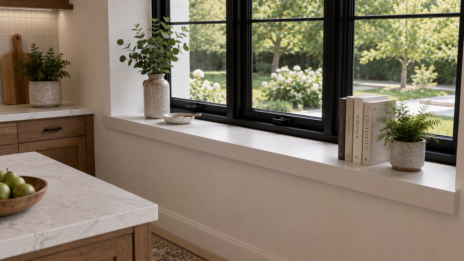 Soft white window sill in a kitchen beneath black casement windows, styled with books and potted herbs