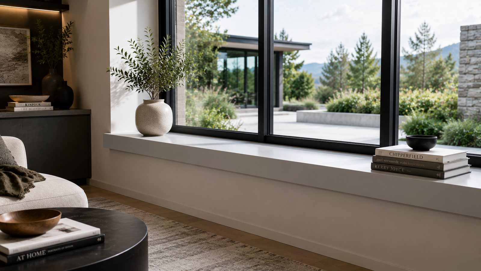 Bright white solid surface window sill with a crisp square edge in a modern living room with black-framed windows