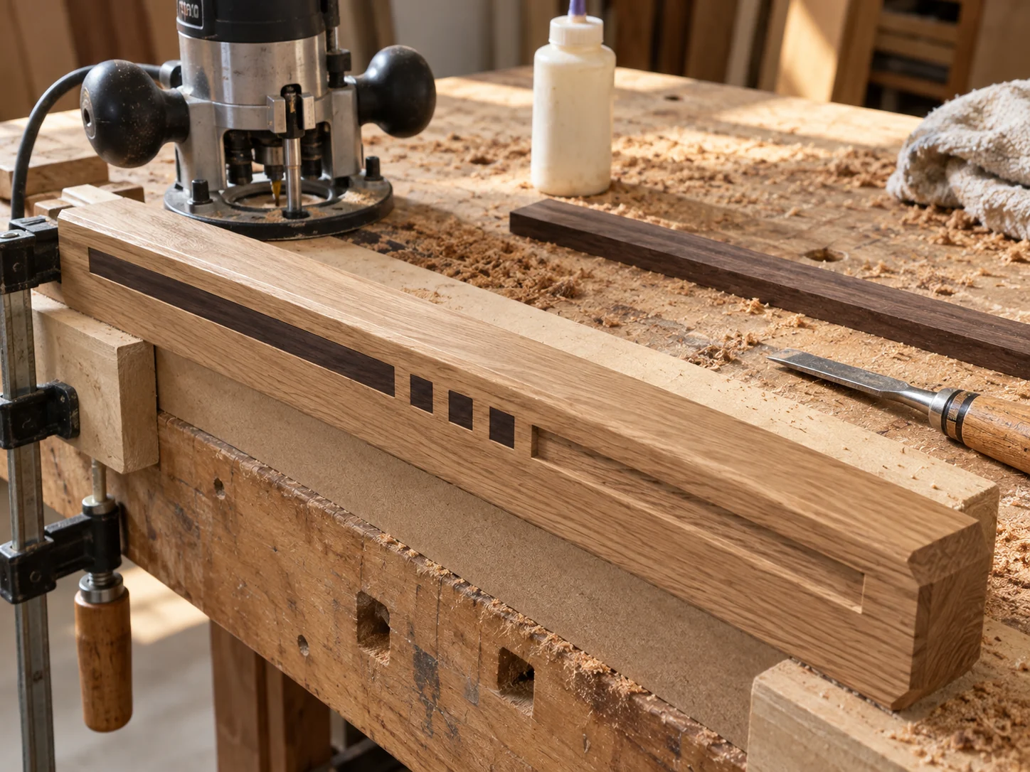 Window sill blank clamped at the bench with the inlay groove routed and part filled