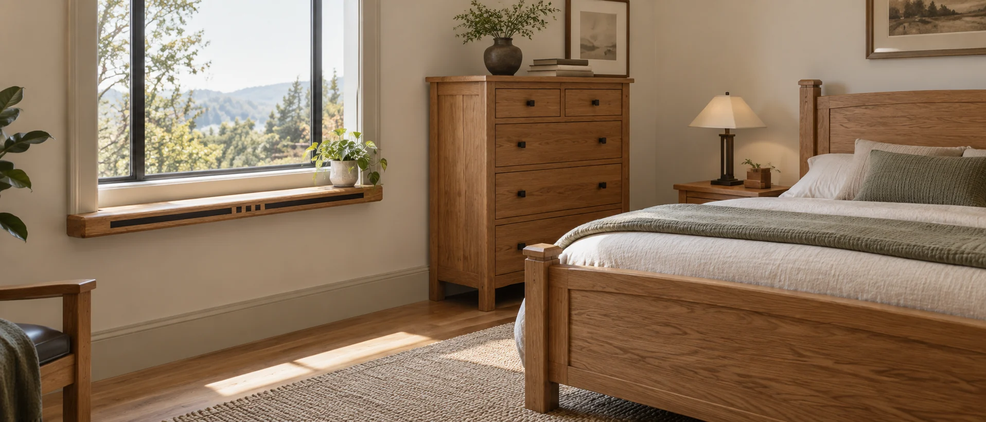 Bedroom with an Amish-built hardwood bed and chest of drawers, and an inlay window sill beneath the window in the same finish